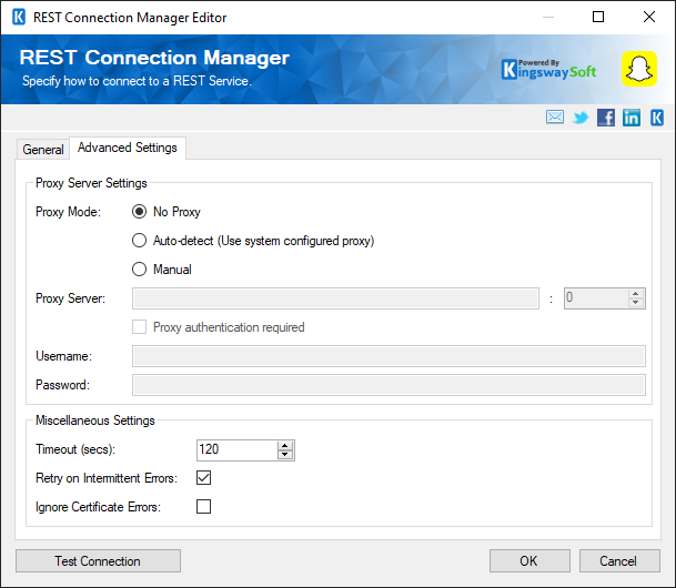 SSIS Snapchat Business Connection Manager - Advanced Setting
